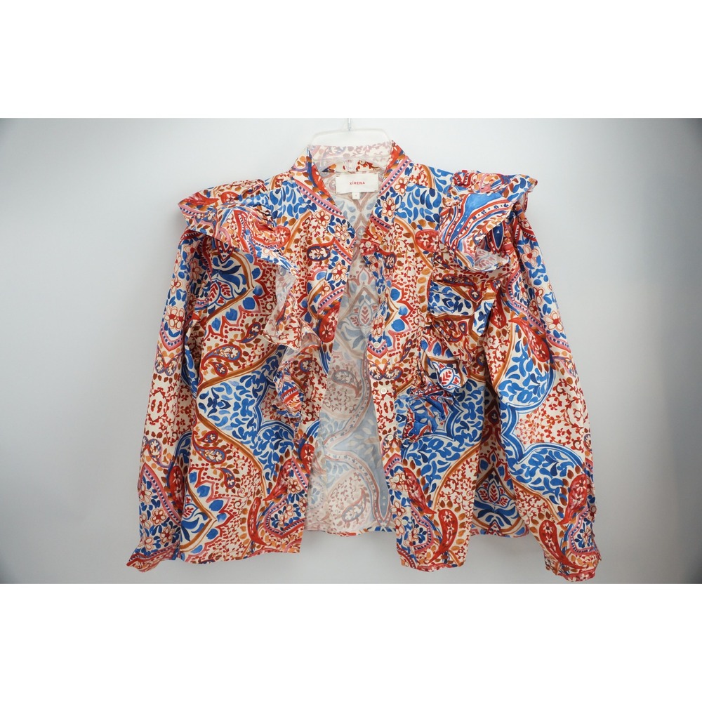 Xirena Callie Button Down Shirt S Orange Paisley Ruffle Trim Cotton EUC
